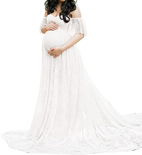Maternity Off Shoulder Ruffle Sleeve Lace Wedding Gown Maxi Photography Dress for Photo Shoot Dress (White, Medium)