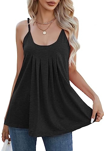 iChunhua Scoop Neck Cotton Camisole Tops for Women UK Cotton Adjustable Spaghetti Strap Vest Tops Pleated Long Sleeveless T Shirts Black XL
