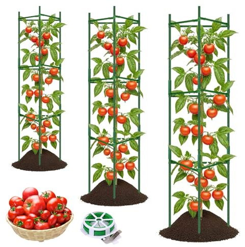 TOCCYARD 3-pack tomatburar för trädgårdsväxtstöd, upp till 48 tum tomatspaljé monterade trädgårdsinsatser, växtspaljé med 16 fot vridband, passar vertikala klätterväxter, grönsaker, blommor