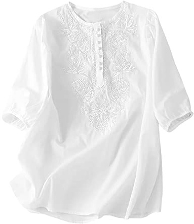 AMhomely Summer Womens Cotton Linen Loose Blouse Tops Ladies T-Shirts Embroidery Shirts Short Sleeve Elegant Blouse Solid V Neck Tunic Tops Short Tee Shirts Going Out Dressy Tops Plus Size White M