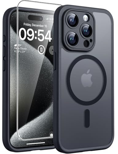 TOCOL für iPhone 15 Pro Max Hülle für MagSafe, Vollständiger Kameraschutz, Eingebauter Magnetring, Stoßfest Kratzfest Transluzente Matt Handyhülle für iPhone 15 Pro Max Case 6,7 Zoll, Schwarz