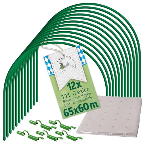 TTL Garden Lot de 12 arches de tunnel avec film PE + clips - 12 x 65 x 60 cm de large - En acier revêtu d'acier - Avec film perforé en polyéthylène de 10 x 2 m + 36 clips