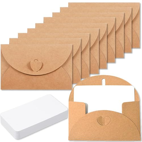 XFentech Pack of 15 Kraft Paper Envelopes with 15 Blank Cards - Small Heart Closure, 10.5 x 7.5 cm, Mini Envelopes for Thank You, Invitation, Birthday Cards