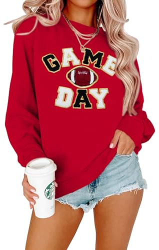 FLOYU Football Sweatshirts For Womens Game Day Sweatshirt Sunday Funday Shirt Casual Football Season Long Sleeve Tops Red