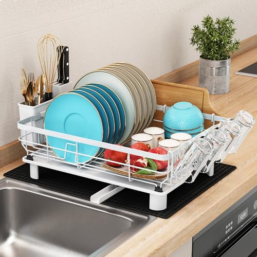 MAJALiS Escurreplatos Acero Inoxidable con Drenaje, Escurridor de Platos con desagüe Automático de Cocina, Escurridor Platos con Soporte para Utensilios, Tabla de Cortar, Portavasos, Monocapa, Blanco