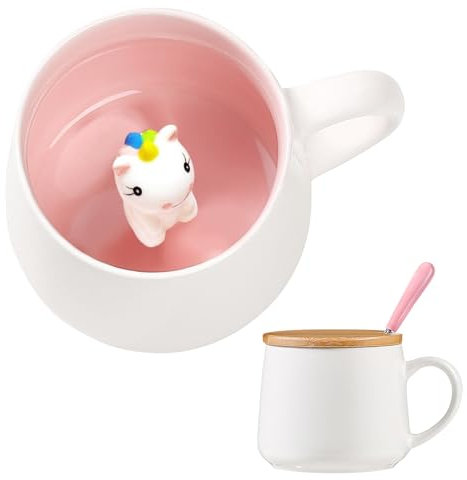 BigNoseDeer Cadeau licorne : jolie tasse en céramique 3D avec couvercle cuillère pour filles et femmes – Tasse à café fantaisie pour chocolat, thé ou lait – Cadeau d'anniversaire personnalisé pour