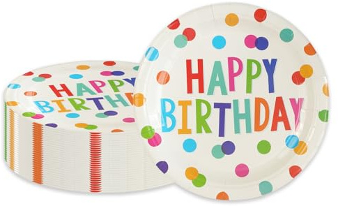 PUEVENYI 50PCS Happy Birthday Party Paper Plates, 7Inch, Colorful Dots