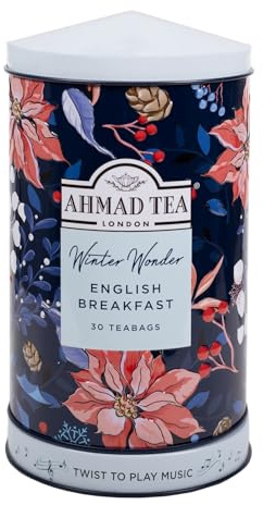 Ahmad Tea Christmas Music Caddy - 30 English Breakfast Teabags - Festive Gift Tin with Musical Base from Winter Wonderland Collection