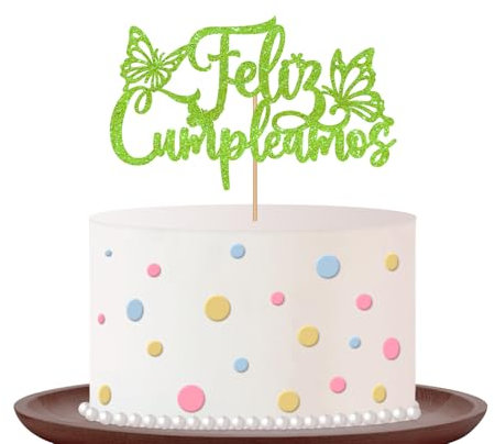 Feliz Cumpleanos Cake Topper, Green Glitter Spanish Happy Birthday Cake Topper, Mexican Fiesta Cactus Cake Decor, Fiesta Baby Shower Party Decoration (Green)