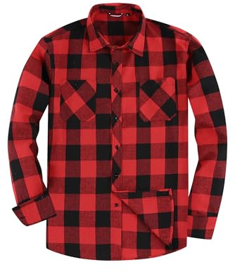 JupiterSecret Camicia in flanella da uomo, a maniche lunghe, a quadretti, vestibilità normale, con colletto a bottone, tasca sul petto, Colore: rosso, L
