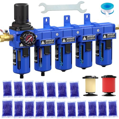 ATINY 1/2'' NPT 5 Stage Air Dryer for Compressor,5&0.01 Micron Filter Cartridge Air Drying System,Double Desiccant Dryers & Air Regulator,Metal Bowl, Semi-Auto Drain,Industrial Grade-Blue