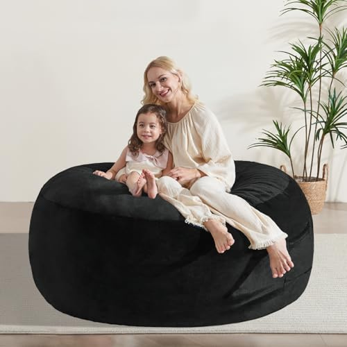WSOFRLAC 5FT Bean Bag Chair, Giant Adult Bean Bag Chairs, Large Stuffed Beanbag Chair with Foam Filling, Big Sofa Chairs with Cover Pocket Handle, Perfect for Adults Kids Living Room, Black