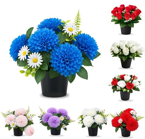 AMERISE 25cm Blue Artificial Grave Flowers in Pot – Realistic Chrysanthemums for Cemetery, Funeral & Memorial Decoration | Weather Resistant Outdoor Plastic Flower Pot for Graves UK
