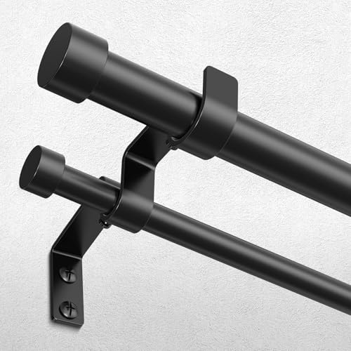Black Double Curtain Rod, 72 to 144 Inch Extra Long Dual Curtain Rods with Aluminium Modern End Cap Finial, 1 Inch Adjustable Heavy Duty Window Treatment Rods, Telescopic Metal Double Drapery Pole Set