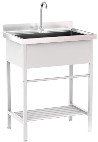 ROVSUN White Stainless Steel Utility Sink, 26.5D x 17.3W x 39H, Freestanding Single Bowl Wash Basin with Storage Shelf, Heavy-Duty Prep & Cleaning Sink for Restaurant, Kitchen, Laundry & Garage Use