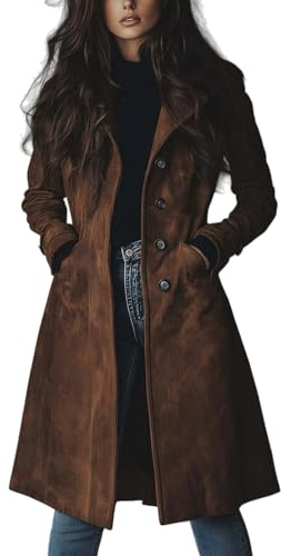Mockajacka för kvinnor, höstjacka i retrostil, dubbelknäppt jacka med klassiskt kavajslag, åtsittande kappa i fuskmocka, elegant mockajacka, lång trenchcoat, Brun, L