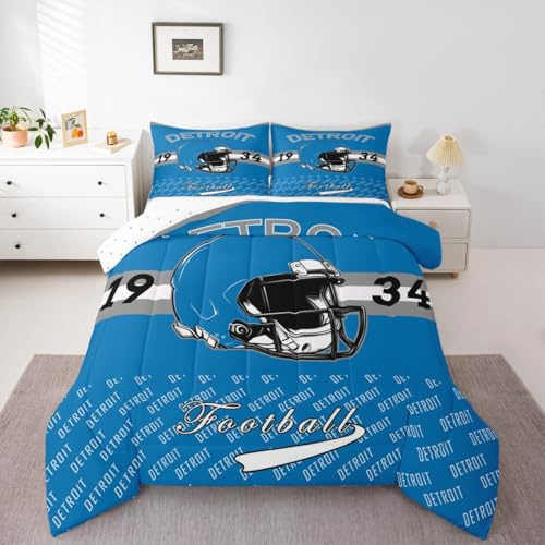 Loussiesd Juego de edredón de fútbol de tamaño doble suave para niños y niñas, juego de ropa de cama de Detroit de microfibra con diseño de ciudad de fútbol, decoración de dormitorio, 3 piezas con 2