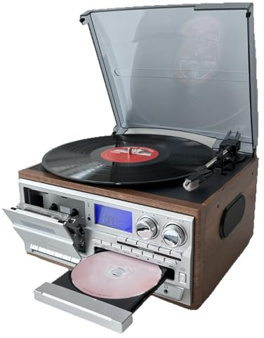 10-i-1 CD Bluetooth-kassettspelare, retro skivspelare, 3 hastigheter vinylskivspelare och kassett, med fjärrkontroll, inbyggda högtalare, för underhållning/kontor/sovrum
