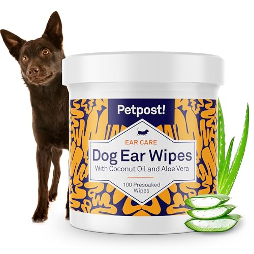 Petpost | Lingettes nettoyantes pour Oreilles de Chiens - 100 compresses Ultra Douces à l'huile de Noix de Coco et Aloe - Remède pour problèmes des Oreilles et acariens
