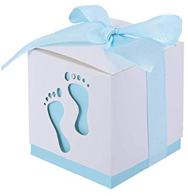 JZK 50 x Blauer Fußabdruck Gastgeschenk Süßigkeiten Schachtel für Baby Junge Geburtstag Taufe Neugeborenen Babyparty Baby Shower Kinder Party