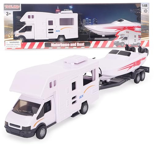 Toyland® White Motorhome and Speed Boat Play Set - 1:16 Scale Free-Wheel Action Detachable Trailer for Kids - Ages 3+