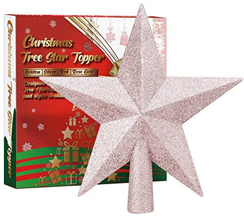 URATOT Glitzernde Weihnachtsbaumspitze für Weihnachten, dekorative Weihnachtsbaumspitze, bruchsicher, für Feiertage, Weihnachtsbaumdekoration, Roségold, 10,2 cm