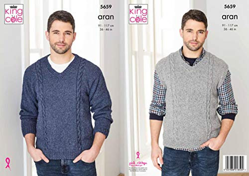 King Cole 5659 Knitting Pattern Mens Easy Cable V Neck Sweater in Forest Aran