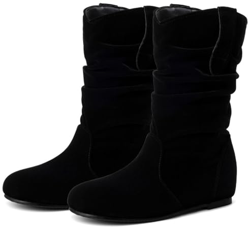 DINTAHA Mid Calf Slouch Cowgirl Cowboy Boots Flat Slouchy Booties Pull On Western Ankle Boots,Black Suede,Size 12