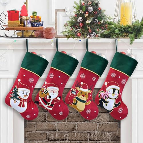 Duosheng & Elegant Calze Natalizie da Appendere 4 Pezzo Calza Befana Rosso Verde Calza di Natale Calze Camino Natale Set Decorazioni Natalizie