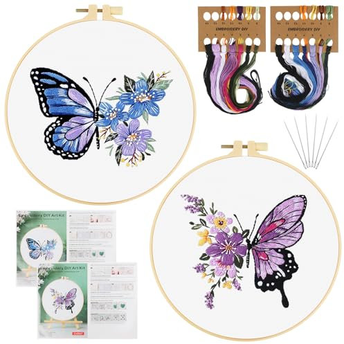 TAIHOBO Embroidery Kit, Schmetterling Stickset für Anfänger, 2 Stück Stick Set mit Stickrahmen Stickgarn Nähnadel Anleitung, Blumen Handstickerei Sticken für Anfänger, DIY Sticken Set Erwachsene