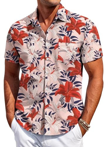 COOFANDY Chemise hawaïenne Hommes Chemise à Manches Courtes Chemises d'été Hommes Fleurs Vacances Plage Chemise avec Poches Regular Fit Fleur de lys XL