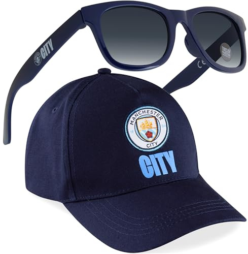 MANCHESTER CITY F.C. Baseball Cap or Bucket Hat and Kids Sunglasses Set Summer Sun Hat 100% UV Holiday Essentials Boys Gifts (Navy Cap)