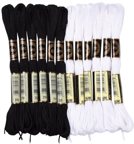 CABODYALS 12 Pièces 96M Fil à Broder Point de Croix Noir et Blanc Kit de Fils Broderie Tricotage Mélange 6 Brins en Polyester en Vrac Pour Couture Crochet Bracelets Brésilien Créatifs L'artisanat