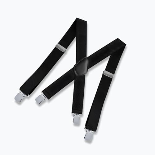 Issimober Bretelle da uomo larghe e forti, larghezza 3,5 cm, con 4 clip in metallo, regolabili ed elastiche, taglia unica, bretelle a forma di X per lavoro, tempo libero, Nero , L