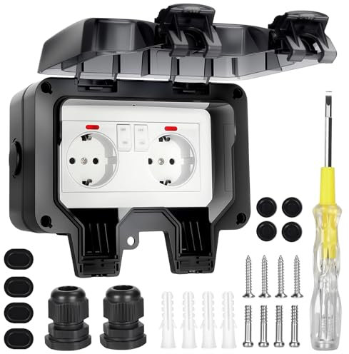 TAVADA Prise Extérieure étanche Ip66 Double Prise avec Interrupteur et Voyant Lumineux,Prises Murale de Protection,Prises Extérieure avec Couvercle Rabattable pour Jardin Cuisine Garage Extérieur