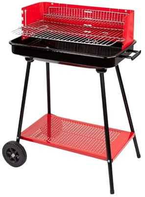 Barbecue a Carbonella Portatile, Griglia in Metallo Rosso e Nero, con Ruote e Ripiano, 69 x 45 x 84 cm
