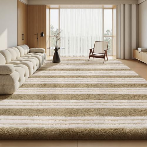 Sour Lemon Hochflor Teppich Streifen Beige and Weiß Teppich Wohnzimmer 160x230 Waschbar Anti-Rutsch Extra Große Teppiche Schlafzimmer Flauschige Moderne Teppiche Matte Teppichen für Kinderzimmer