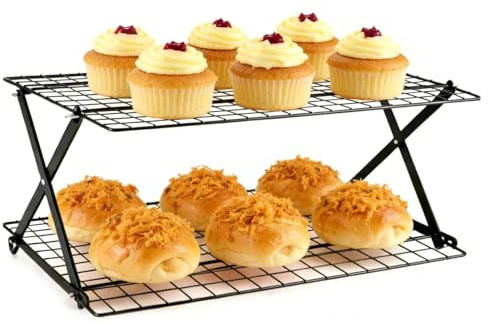 CAIEJSAEN 2 våningar vikbart kylgaller för bakning 43,5 x 25 cm rektangulärt kylgaller vikbart nonstick platsbesparande stekgaller järnhyllor diskmaskinssäker för kex kakor, bröd