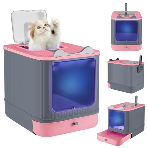Lettiera per gatti con pala, lettiera autopulente, disinfezione UV, Geurverwijdering, fondo a prova di perdite (rosa + grigio)