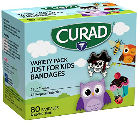 Curad Just for Kids Bandages, 4 Fun Themes, Colorful, All-Purpose Protection Plastic Bandages, 4-Sided Seal, Variety of Sizes, 80 Count