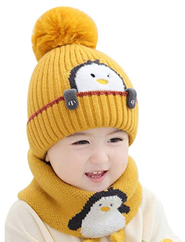 Toddler Winter Beanie Hat Scraf Set, Cute Cartoon Penguin Knitted Hats Soft Warm Infant Hat with Pompom for Baby Boys and Girls 1-3 Years (Yellow)