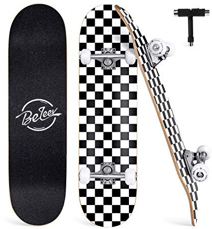 BELEEV Skateboards for Beginners, 31x8 Inch Complete Skateboard for Kids Teens Adults, 7 Layer Canadian Maple Double Kick Deck Concave Cruiser Trick Skateboard (Black White)