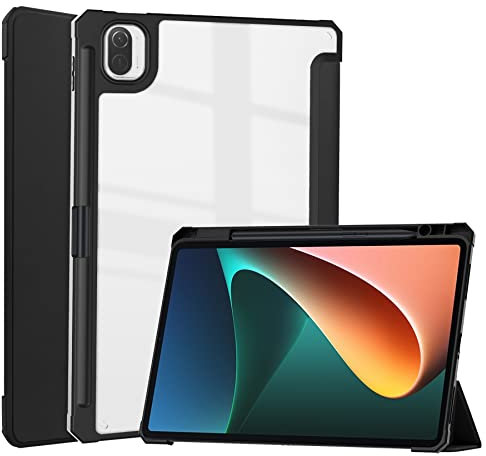 for Xiao-mi-Pad-5/Pro/5G 2021 Tri-fold Stand Case with Pen Holder, 11'' Clear Acrylic Back Shell Ultra-Thin Lightweight Full-Body Protective Magnetic Flip Smart Cover Auto Sleep/Wake (Black)