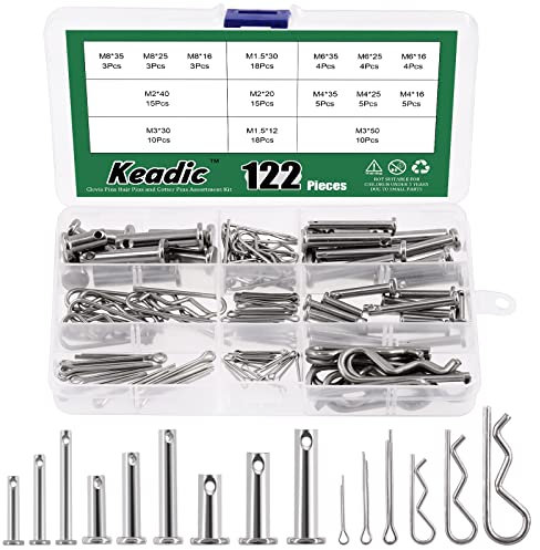 Keadic 122 Pcs 304 Stainless Steel Cotter and Clevis Pin Assortment Kit, M1.5-8 Hitch Clips and Flat Head Fastener Pins for Trailer Latch