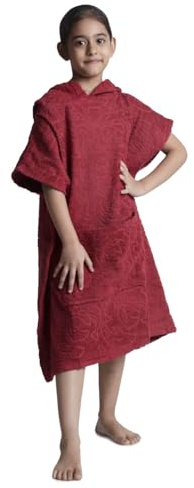 ALLEN & MATE Toalla con capucha de algodón 100% para niños, poncho con bolsillos, ideal para natación, vacaciones, playa, surf y baño (10-13 Años, Vino Delfín Rojo)