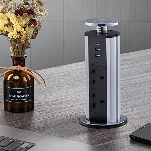 CURUK Pop Up Plug Socket with USB C and 2 USB Charging Ports 3 Plug Extension Desk Power for Kitchen Worktops Home Office - Silver