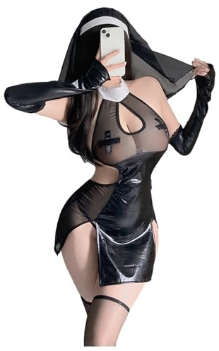 Temptshow Déguisement de religieuse pour femmes – Sous-vêtements de cosplay sexy avec fente haute pour soubrette animée, noir 1, One Size