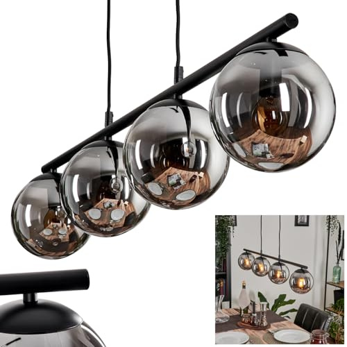 Hänglampa gastor, hängande lampa av metall/glas i svart/rökfärger, lampa i vintage/retrodesign med glas (Ø 15 cm), höjd max. 108 cm, 4 x E14, utan glödlampor