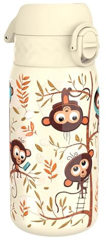 ION8 Kinder Trinkflasche, Edelstahl Leicht 400ml, Nicht Isoliert, Auslaufsicher, Einhandöffnung, Sichere Verriegelung, Spülmaschinenfest, Klappdeckel, Tragegriff, Leicht zu Reinigen, Affen