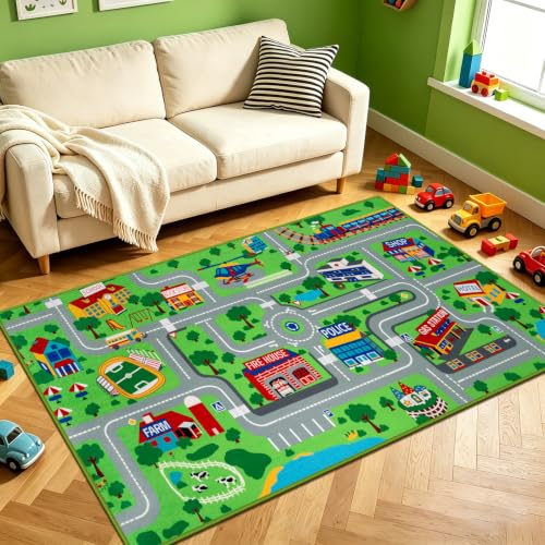 Capslpad Car Mat for Children 80x150 cm City Town Roads Kids Play Rug Non-Slip Interactive Playroom Car Play Mat for Toy Cars Washable Educational Kids Rug for Children Room Bedroom Nursery Room Decor